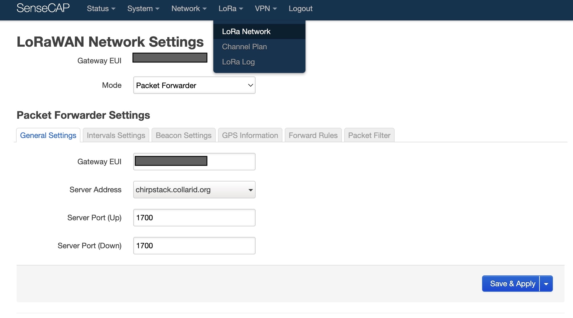 SenseCAP gateway console showing the LoRaNetwork General Settings with the CollarID server address and region port configured