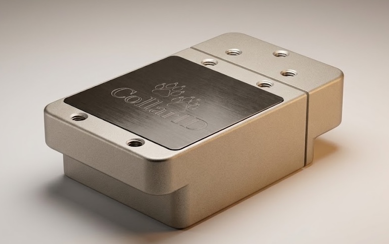 The CollarDT detachment module — a machined metal enclosure with an engraved CollarID plate