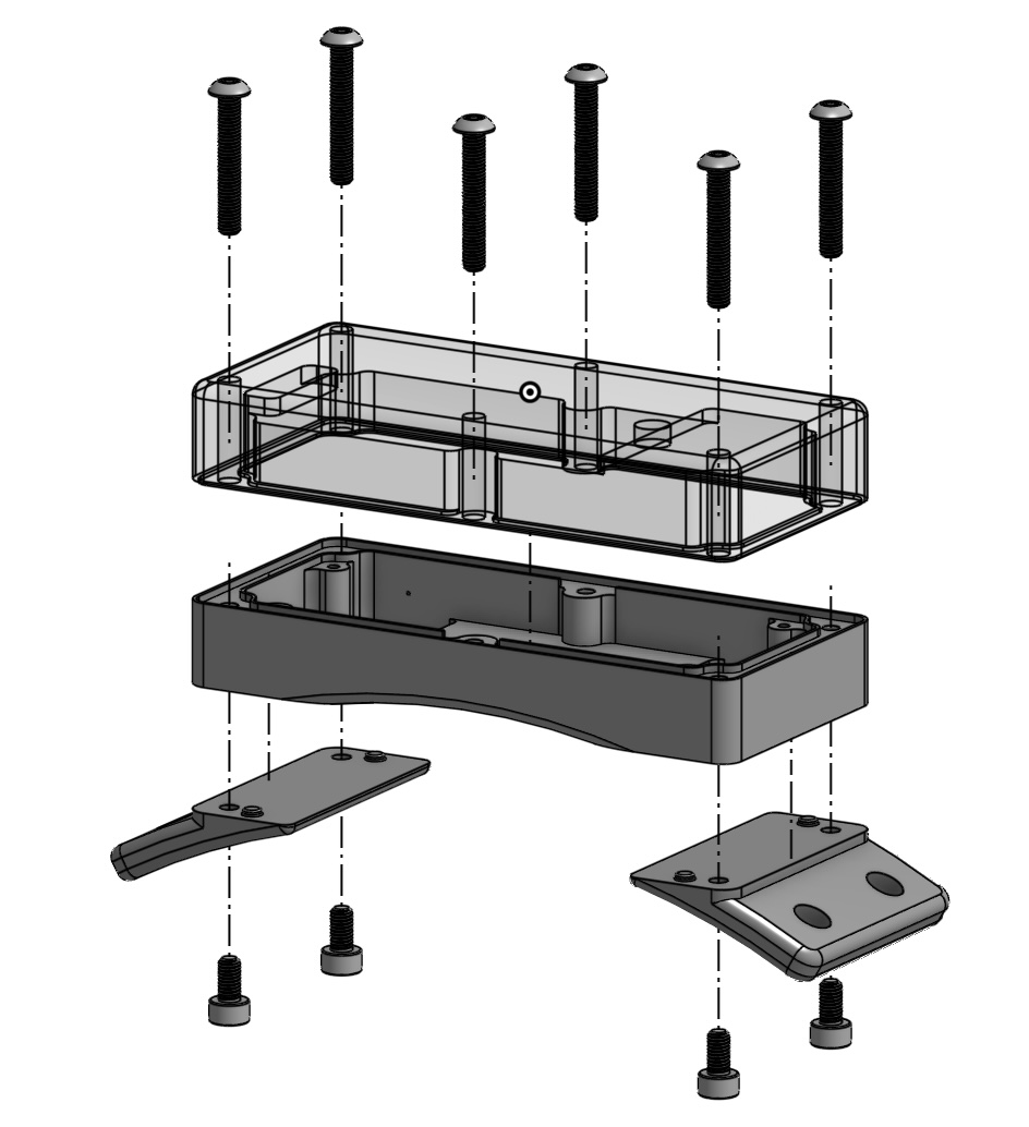 Exploded view of the new CollarID housing: the lid, the body, and the two removable mounting wings with their screws