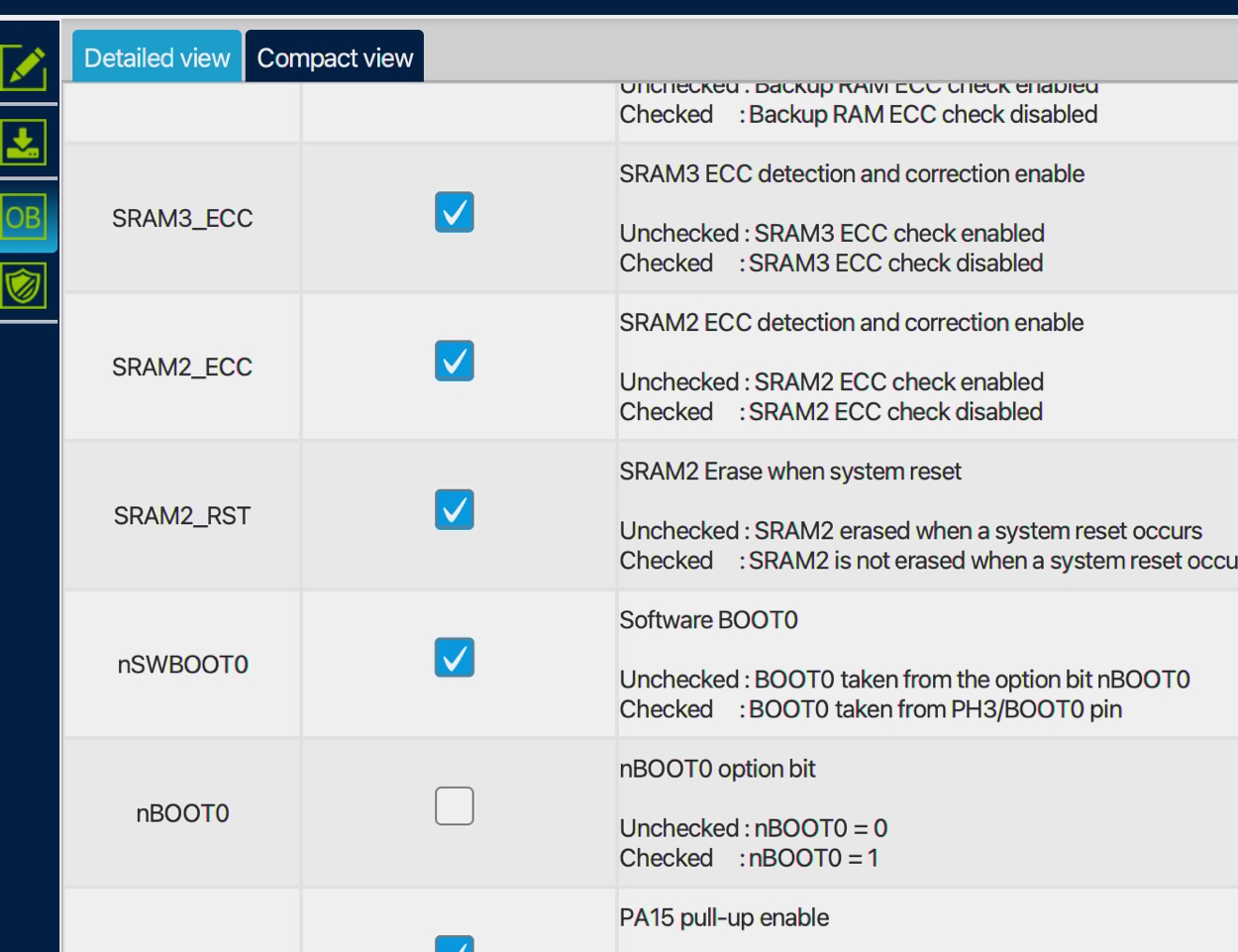 STM32CubeProgrammer Option Bytes view showing nSWBoot0 checked and nBOOT0 unchecked
